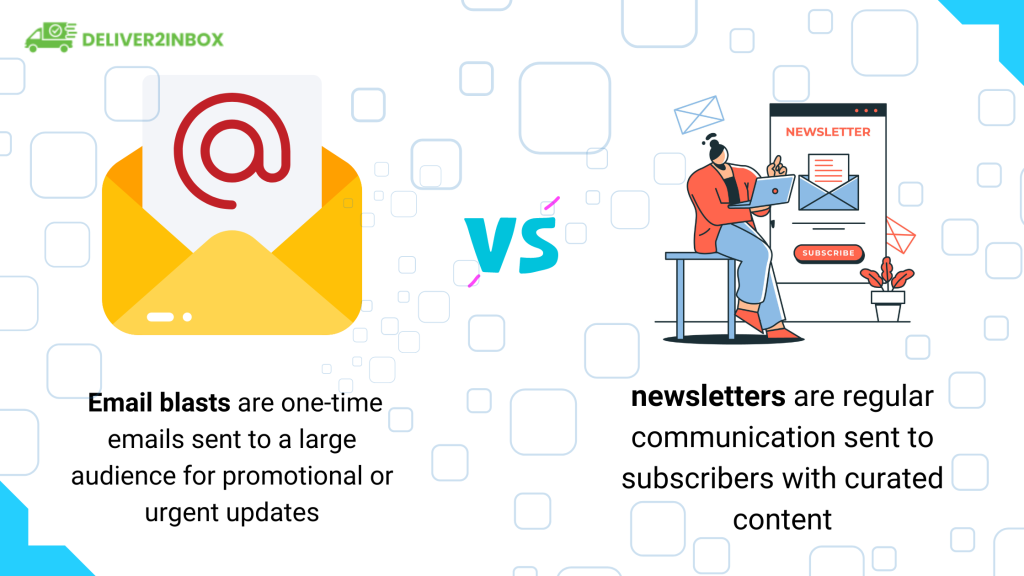 Email blasts and newsletters are similar but serve different purposes. Email blasts are one-time emails sent to a large audience for promotional or urgent updates, while newsletters are regular communication sent to subscribers with curated content,
